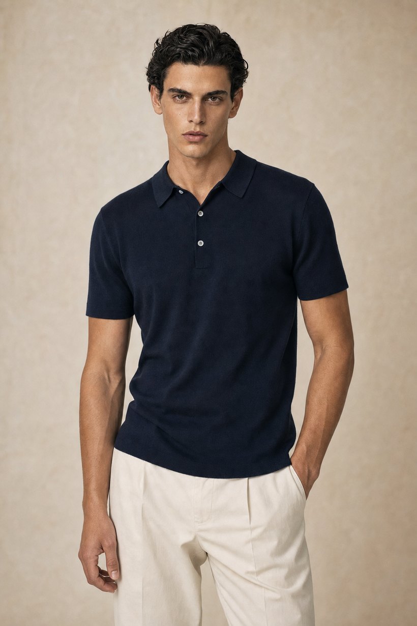 Navy Silk-Wool Knit Sweater — front styling