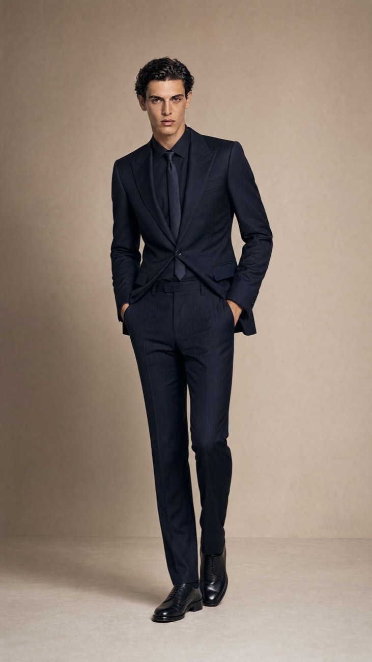 Navy Single-Breasted Business Suit — European Worsted Wool