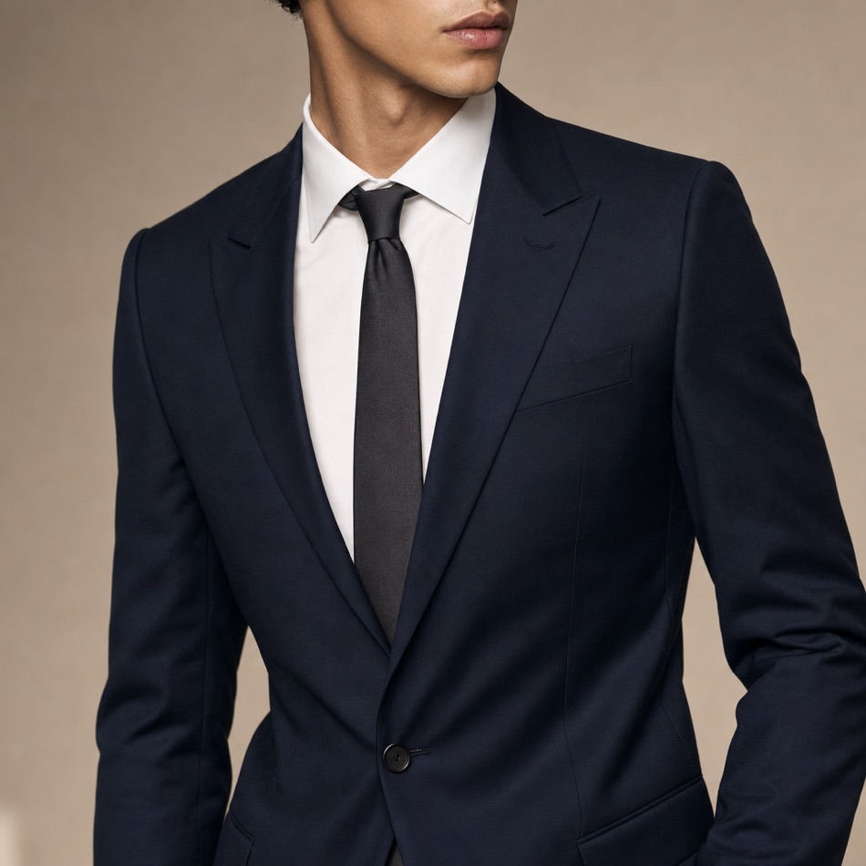 Navy Single-Breasted Business Suit — lapel and collar detail