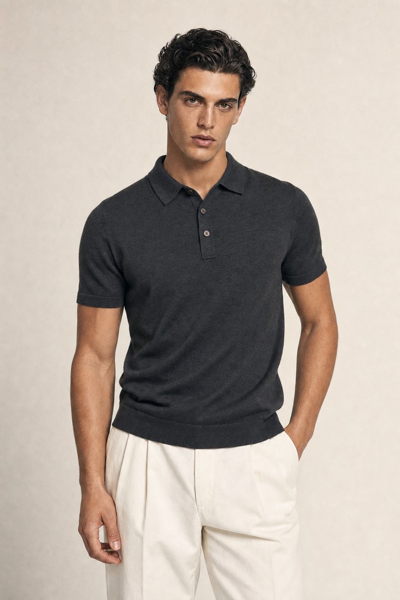 Navy Wool Knit Sweater — lapel and collar detail