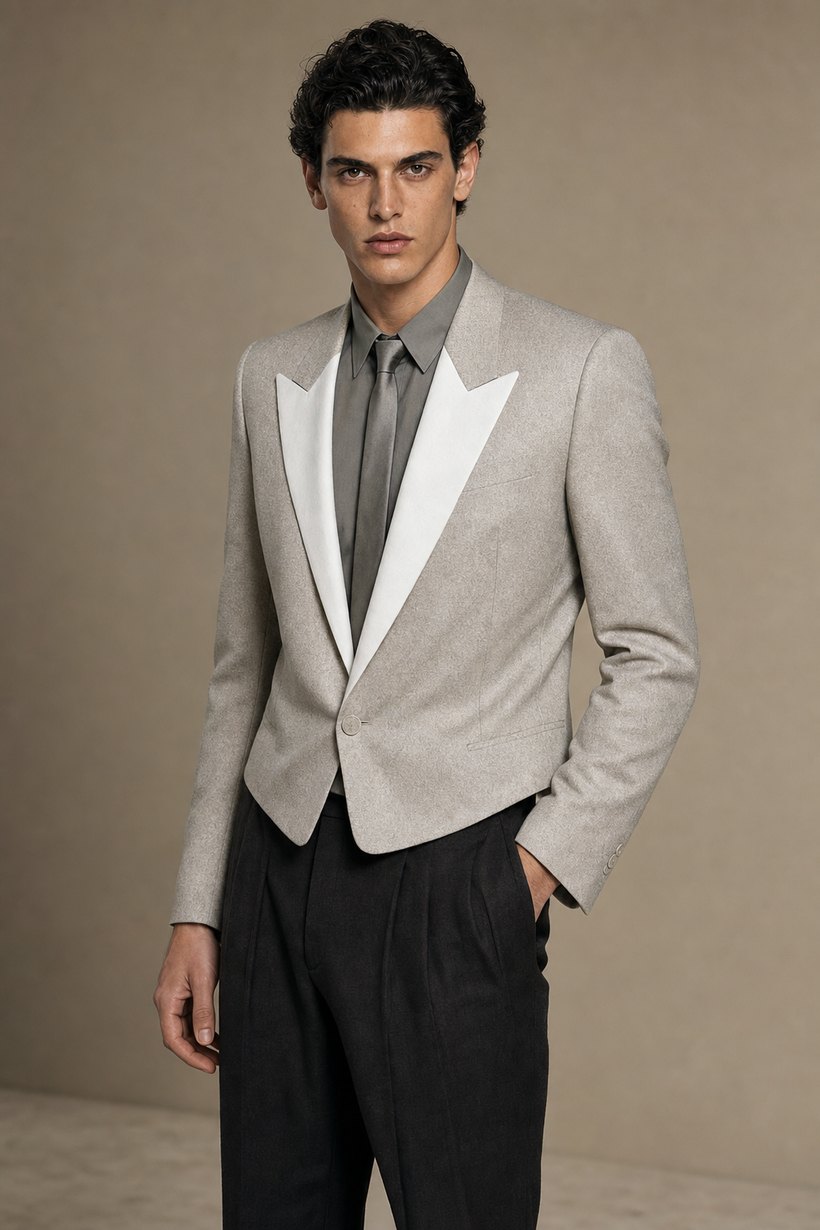 Oatmeal Peak-Lapel One-Button Blazer — front styling