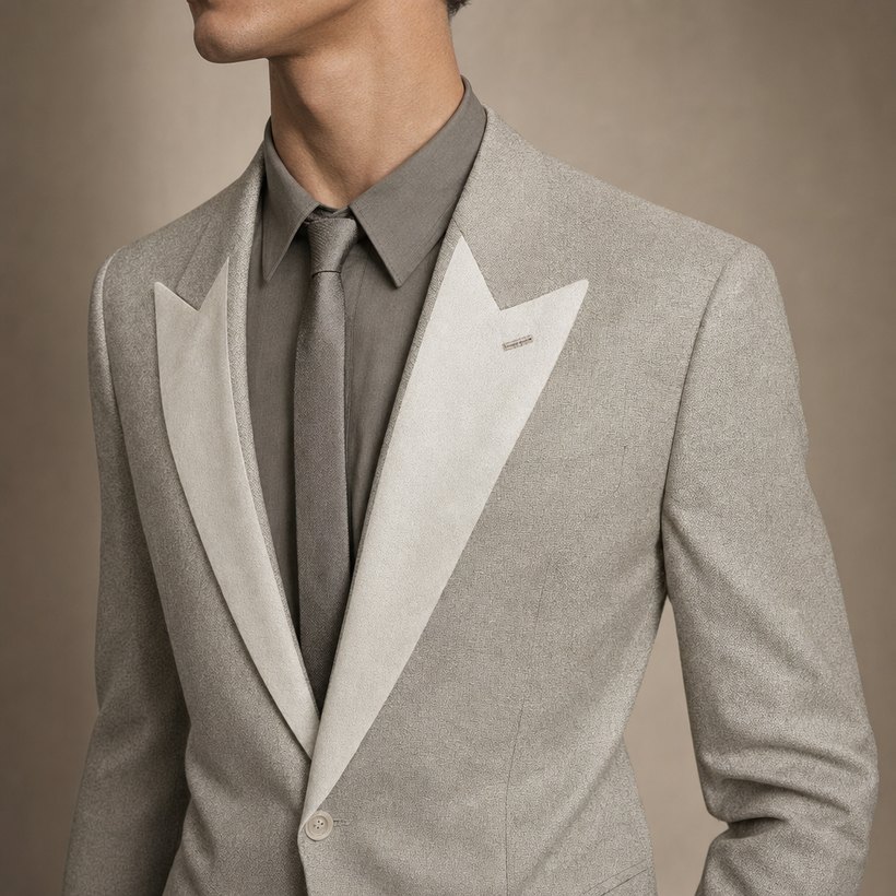 Oatmeal Peak-Lapel One-Button Blazer — lapel and collar detail