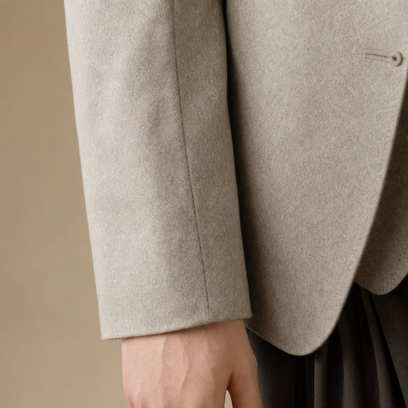 Oatmeal Peak-Lapel One-Button Blazer — fabric close-up