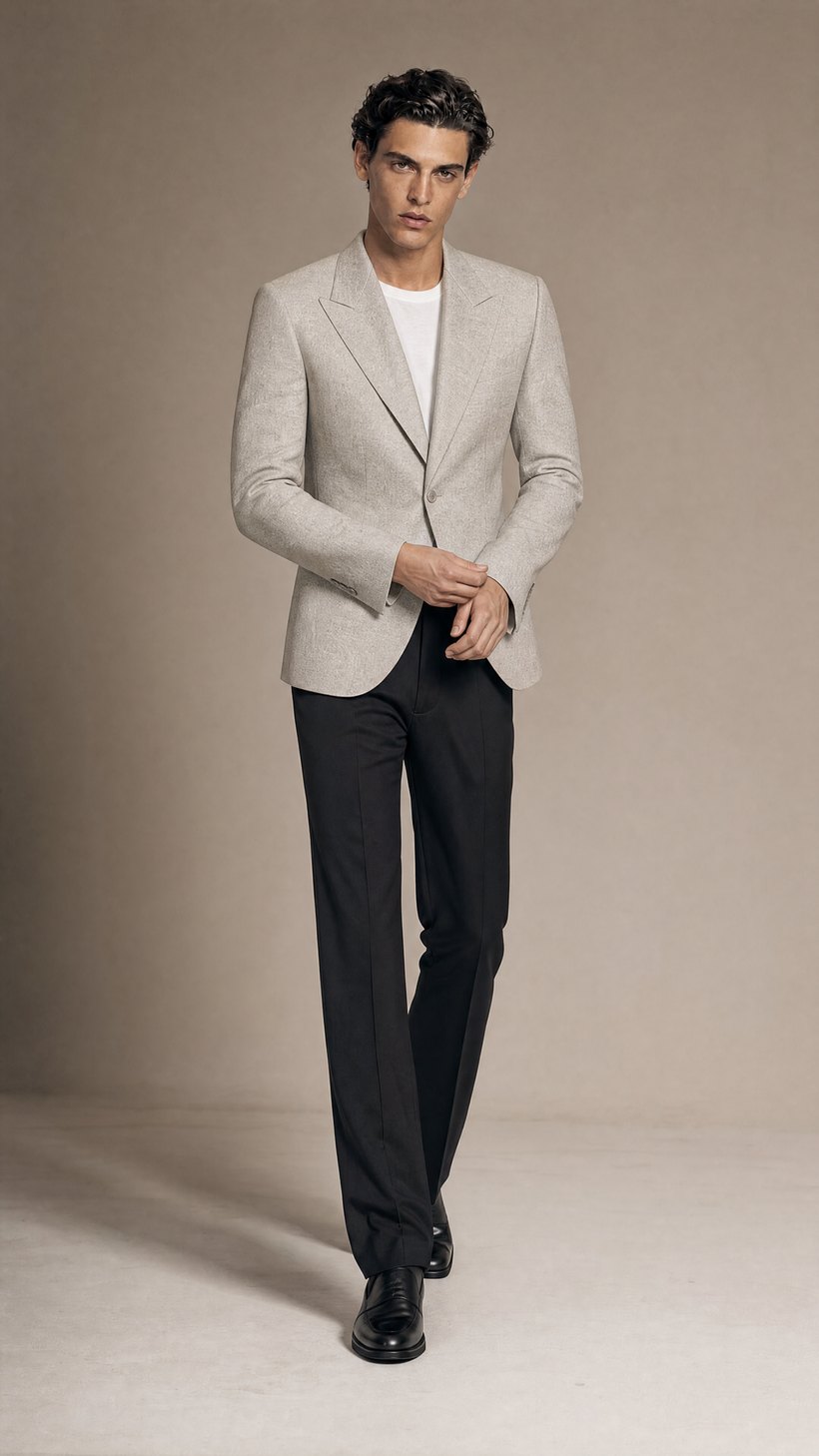 Oatmeal Peak-Lapel One-Button Blazer — construction detail