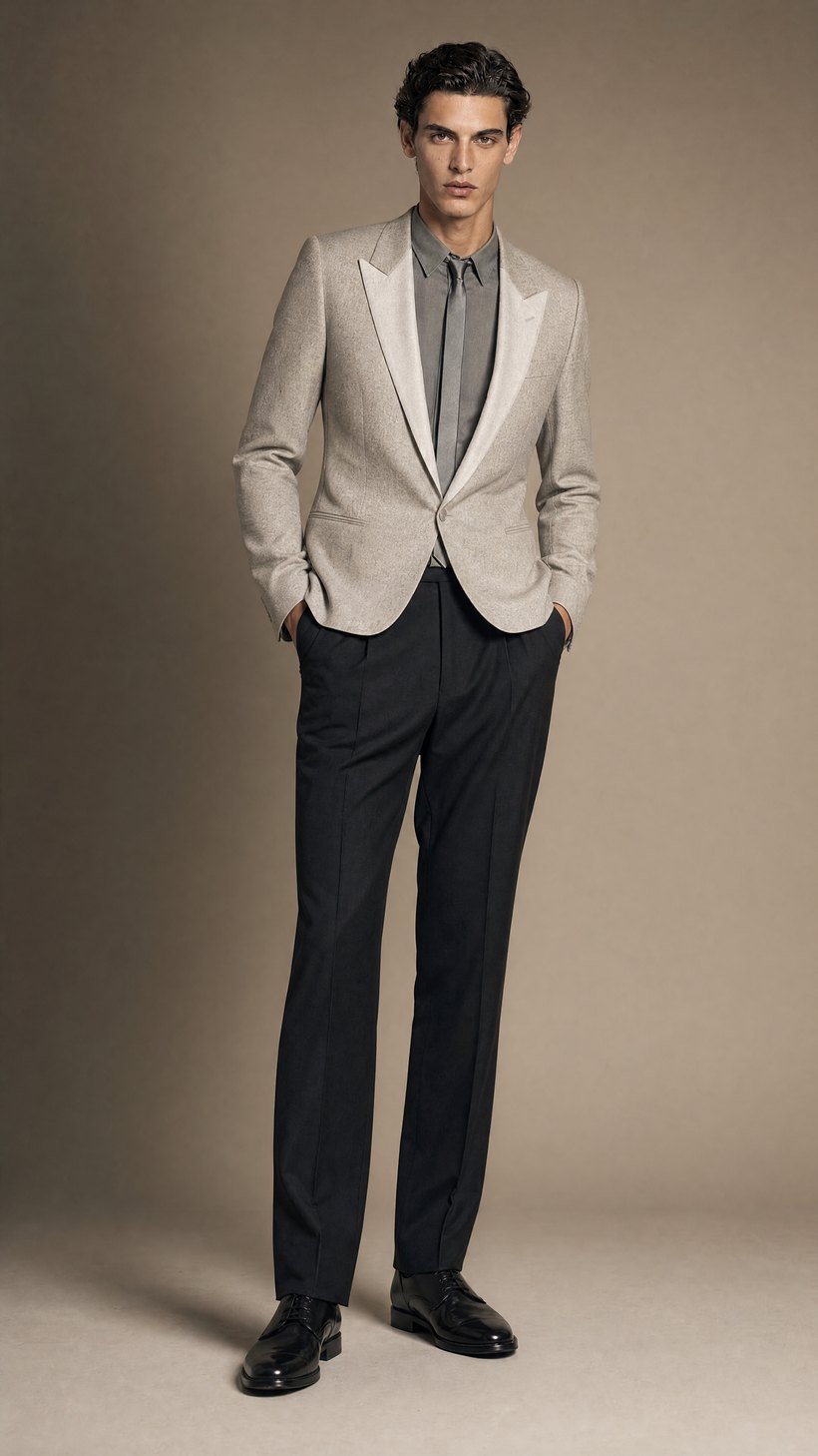Oatmeal Peak-Lapel One-Button Blazer — Smooth medium-weight European wool