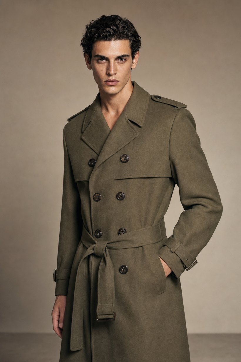 Olive Green Double-Breasted Belted Trench Coat — front styling