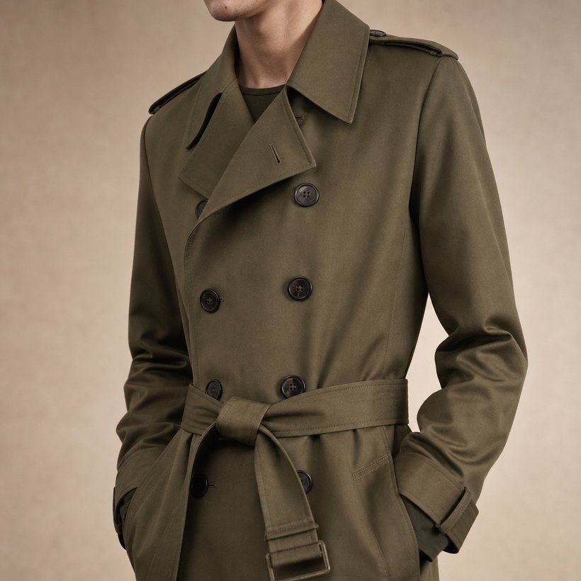 Olive Green Double-Breasted Belted Trench Coat — lapel and collar detail
