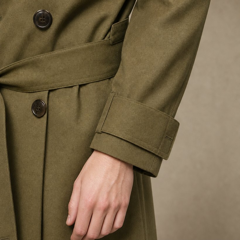 Olive Green Double-Breasted Belted Trench Coat — fabric close-up