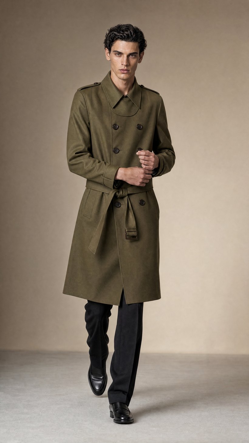 Olive Green Double-Breasted Belted Trench Coat — construction detail