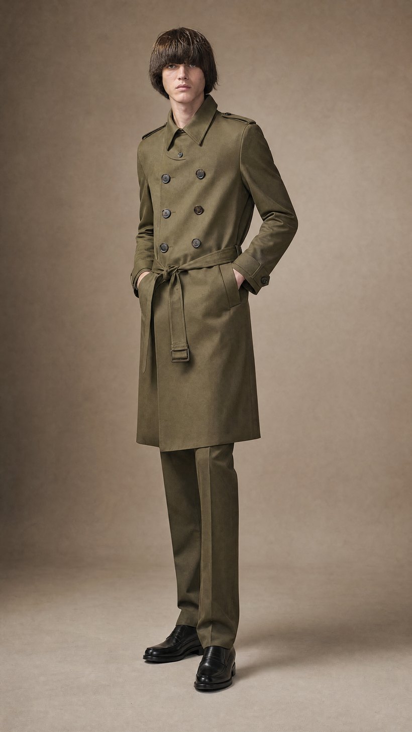Olive Green Double-Breasted Belted Trench Coat — Cotton