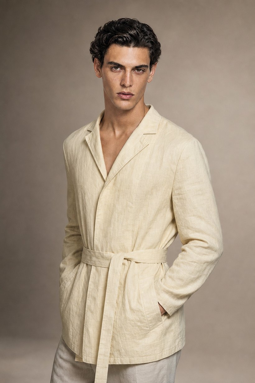 Pale Yellow Linen Belted Trench Jacket — front styling