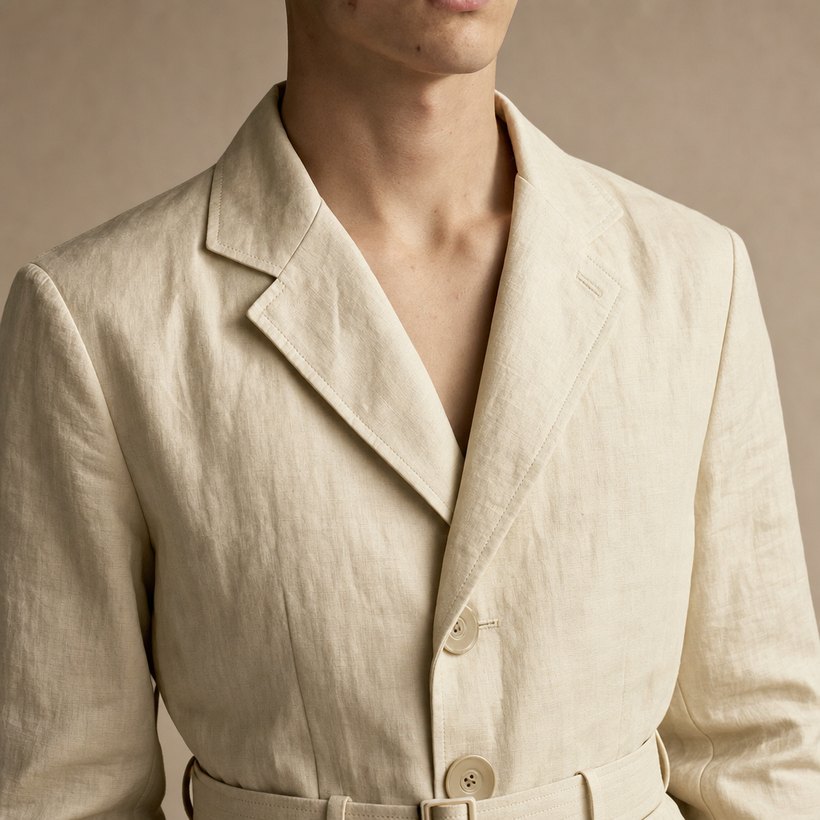 Pale Yellow Linen Belted Trench Jacket — lapel and collar detail