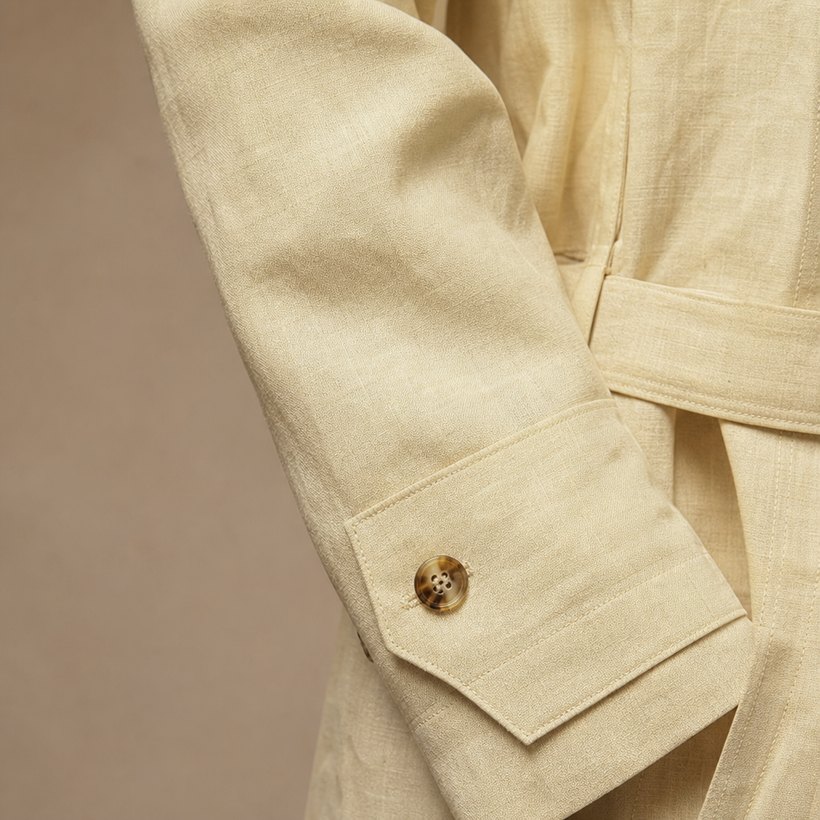 Pale Yellow Linen Belted Trench Jacket — fabric close-up