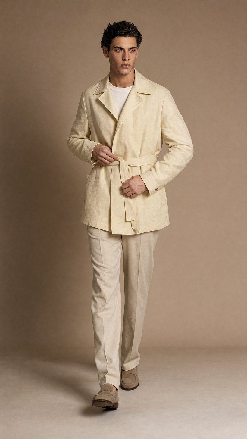 Pale Yellow Linen Belted Trench Jacket — construction detail