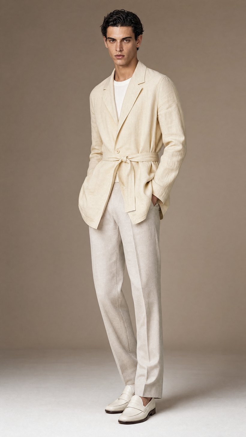 Pale Yellow Linen Belted Trench Jacket — European Linen