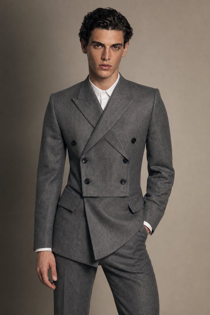 Peak-Lapel Grey Double-Breasted Suit — front styling