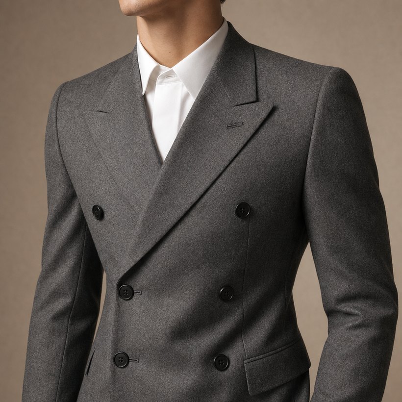 Peak-Lapel Grey Double-Breasted Suit — lapel and collar detail