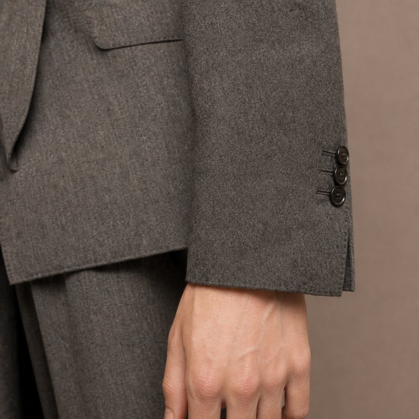 Peak-Lapel Grey Double-Breasted Suit — fabric close-up
