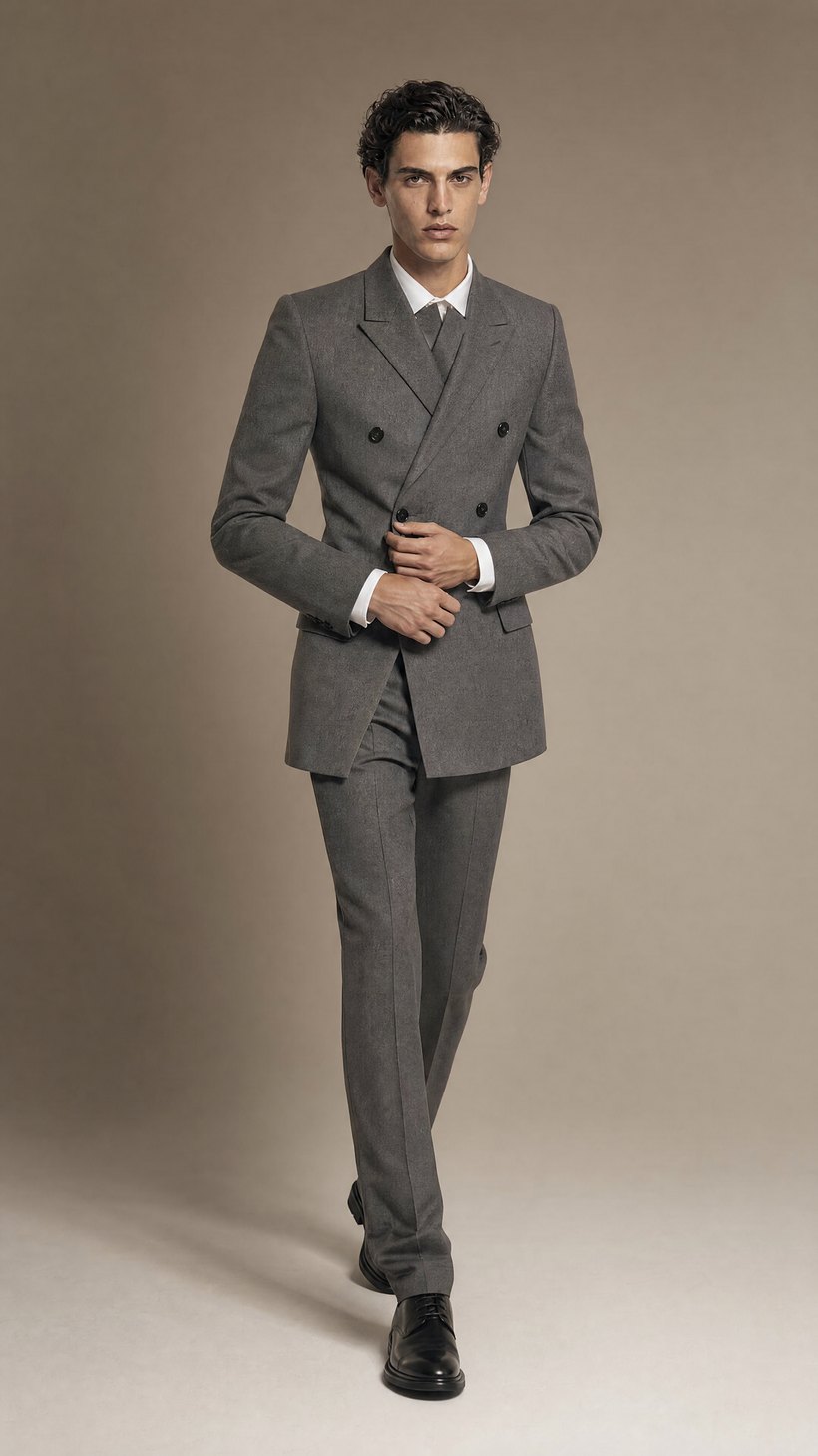 Peak-Lapel Grey Double-Breasted Suit — construction detail
