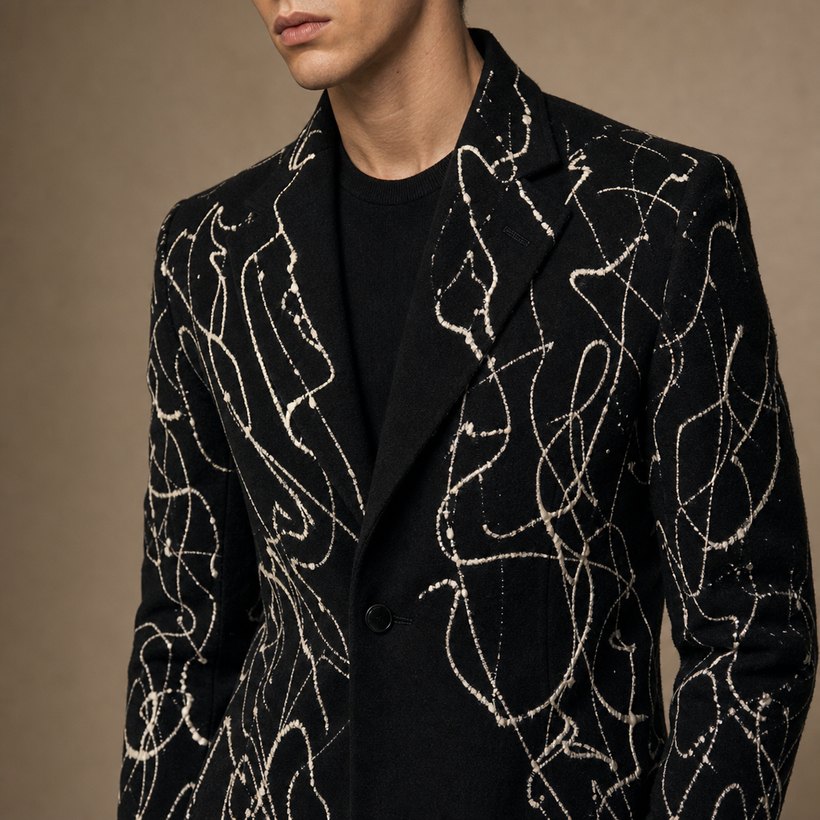 Printed Long Statement Jacket — lapel and collar detail