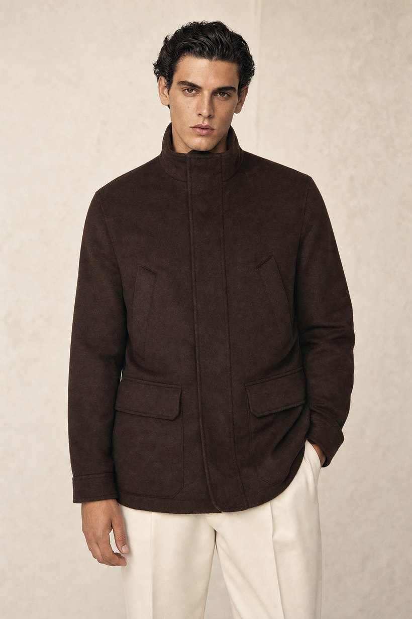 Purple Cashmere-Wool Down Jacket — lapel and collar detail