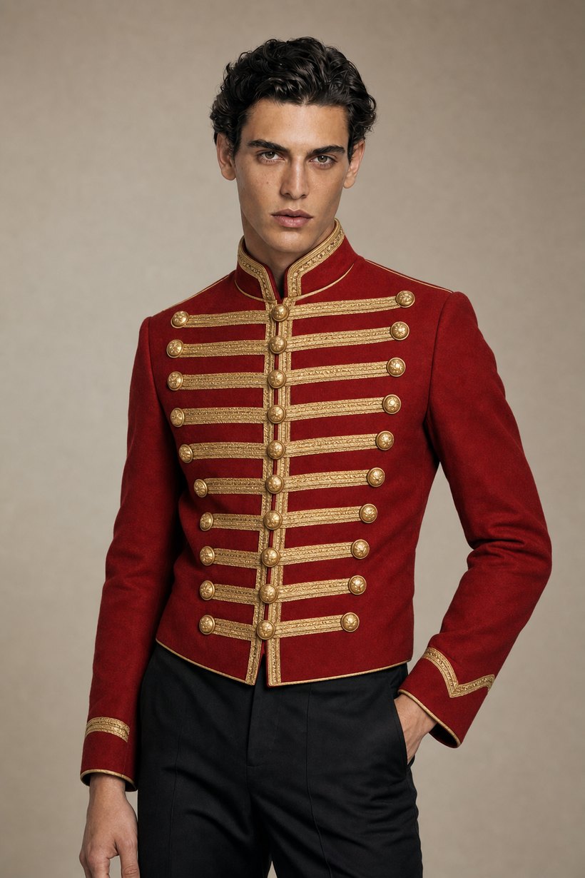 Red Hussar Military Braid Jacket — front styling