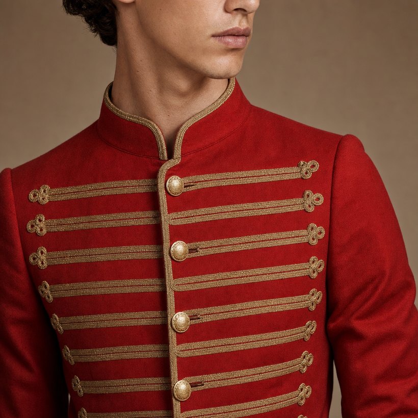 Red Hussar Military Braid Jacket — lapel and collar detail