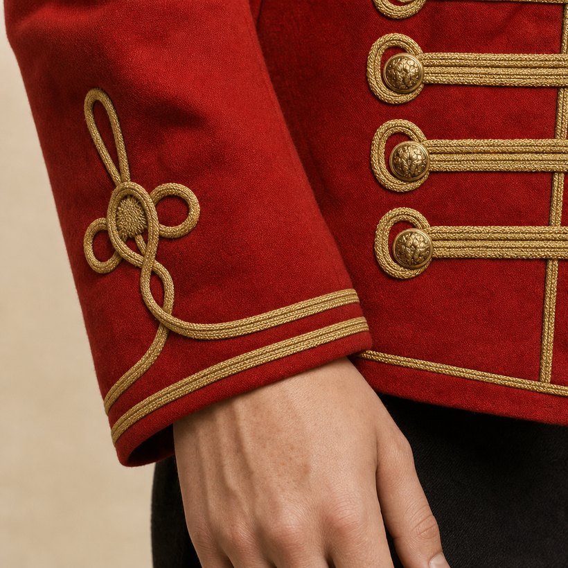 Red Hussar Military Braid Jacket — fabric close-up