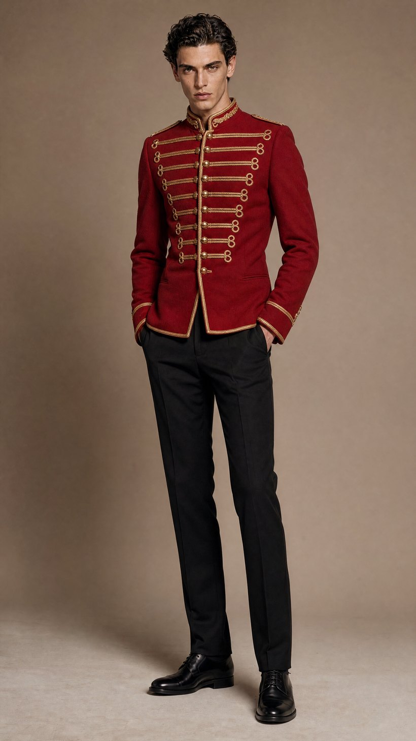 Red Hussar Military Braid Jacket — European Wool
