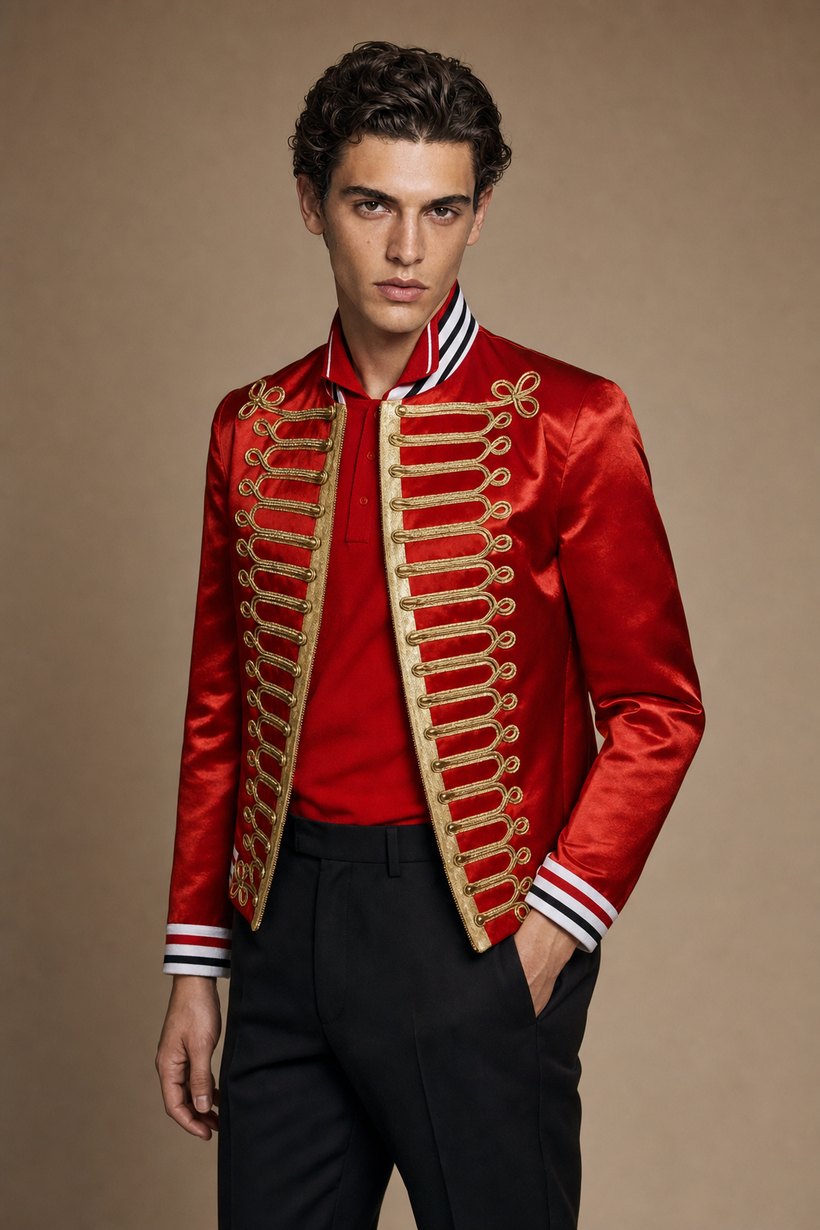 Red Military Ceremonial Frogged Jacket — front styling