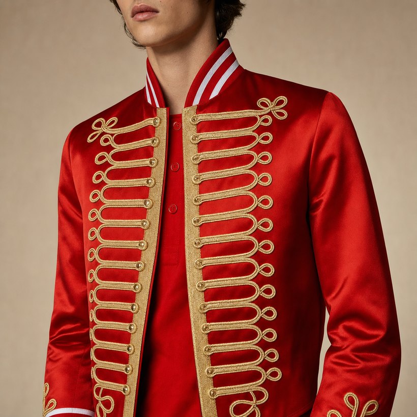Red Military Ceremonial Frogged Jacket — lapel and collar detail