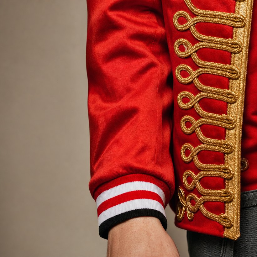 Red Military Ceremonial Frogged Jacket — fabric close-up