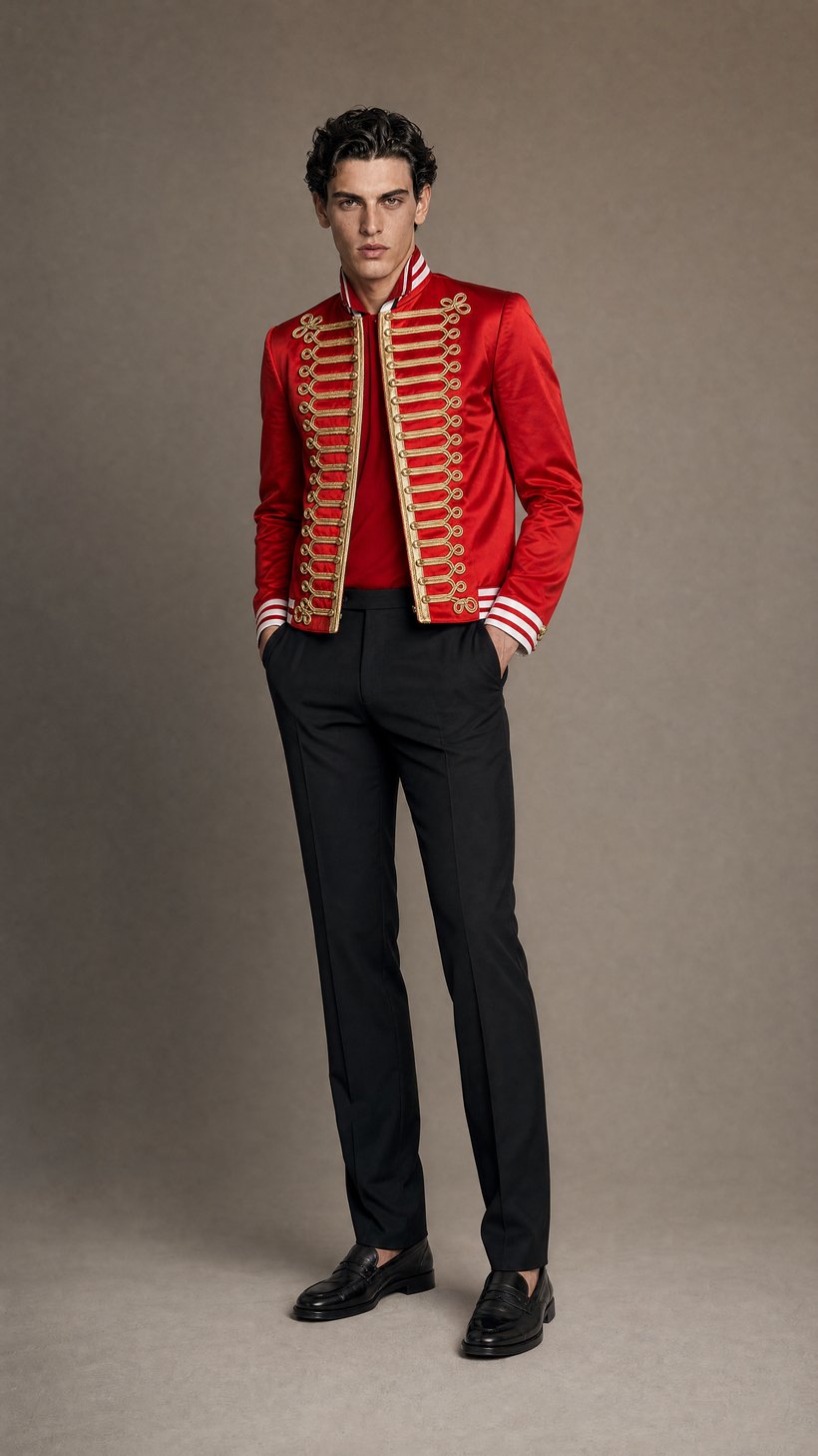 Red Military Ceremonial Frogged Jacket — European Wool