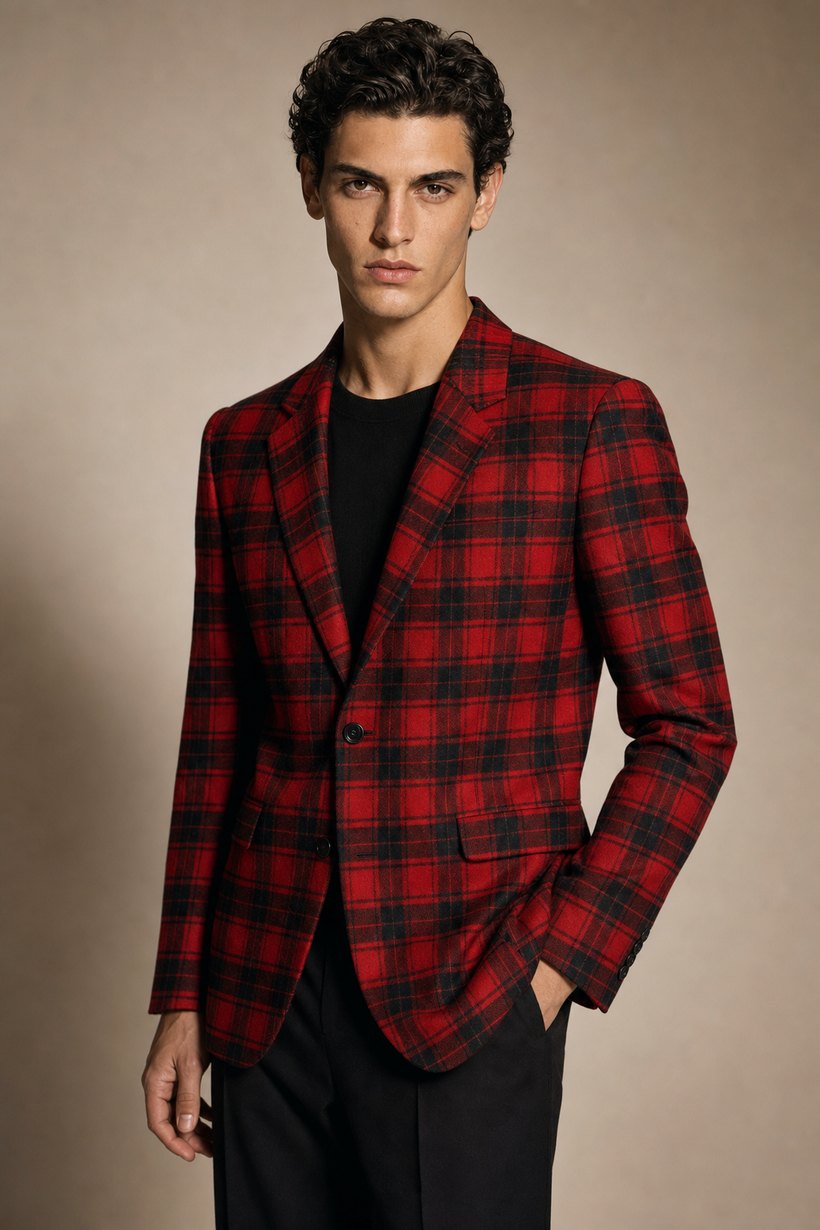 Red Tartan Plaid Slim Jacket — front styling