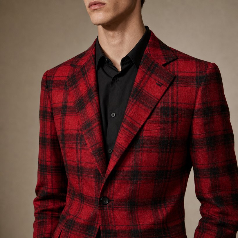 Red Tartan Plaid Slim Jacket — lapel and collar detail