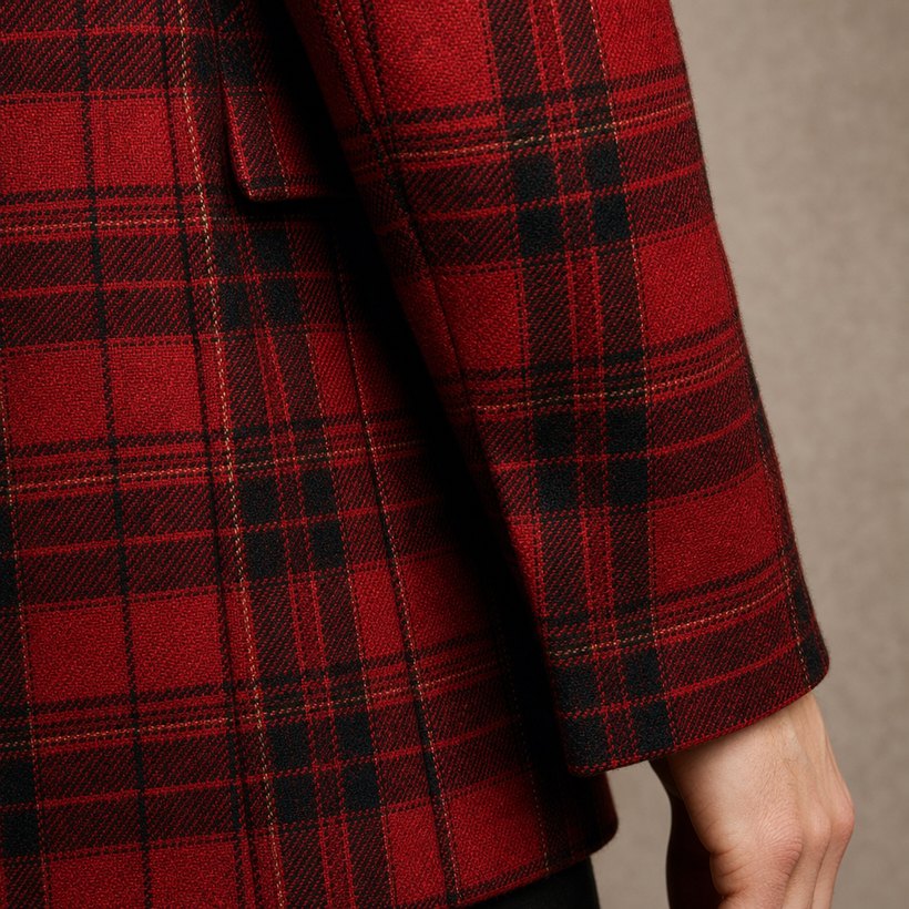Red Tartan Plaid Slim Jacket — fabric close-up