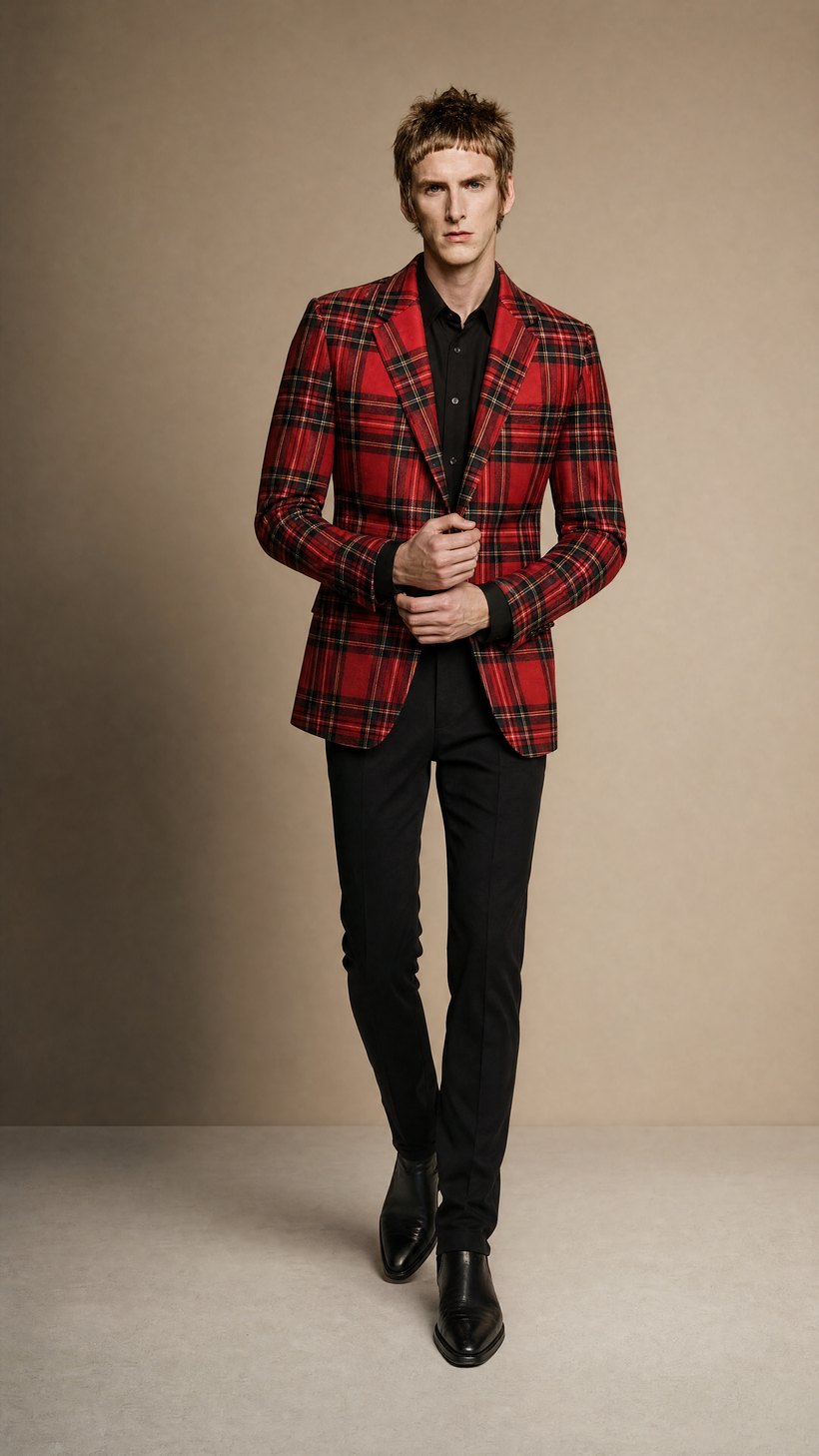 Red Tartan Plaid Slim Jacket — construction detail