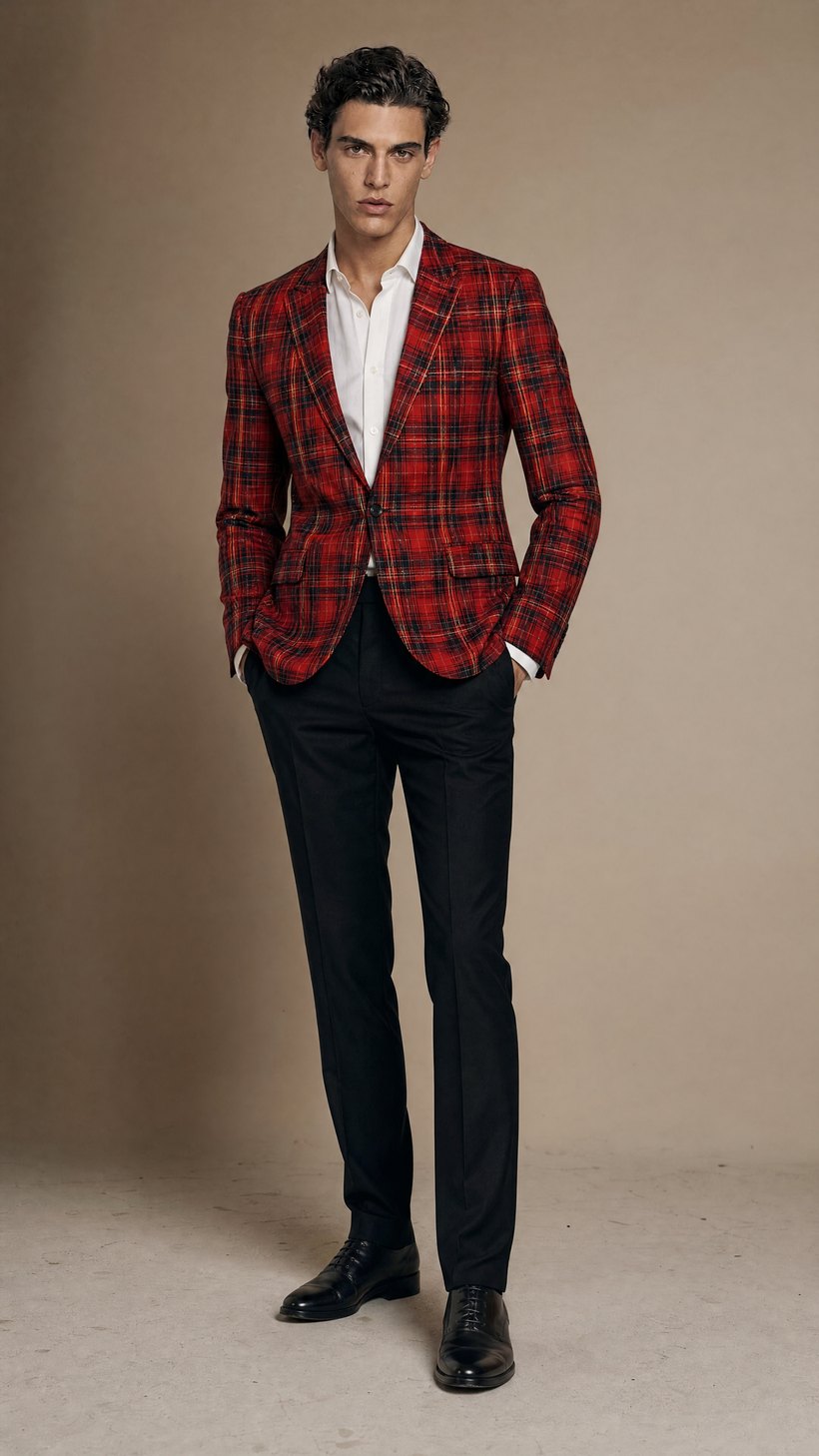 Red Tartan Plaid Slim Jacket — European Wool
