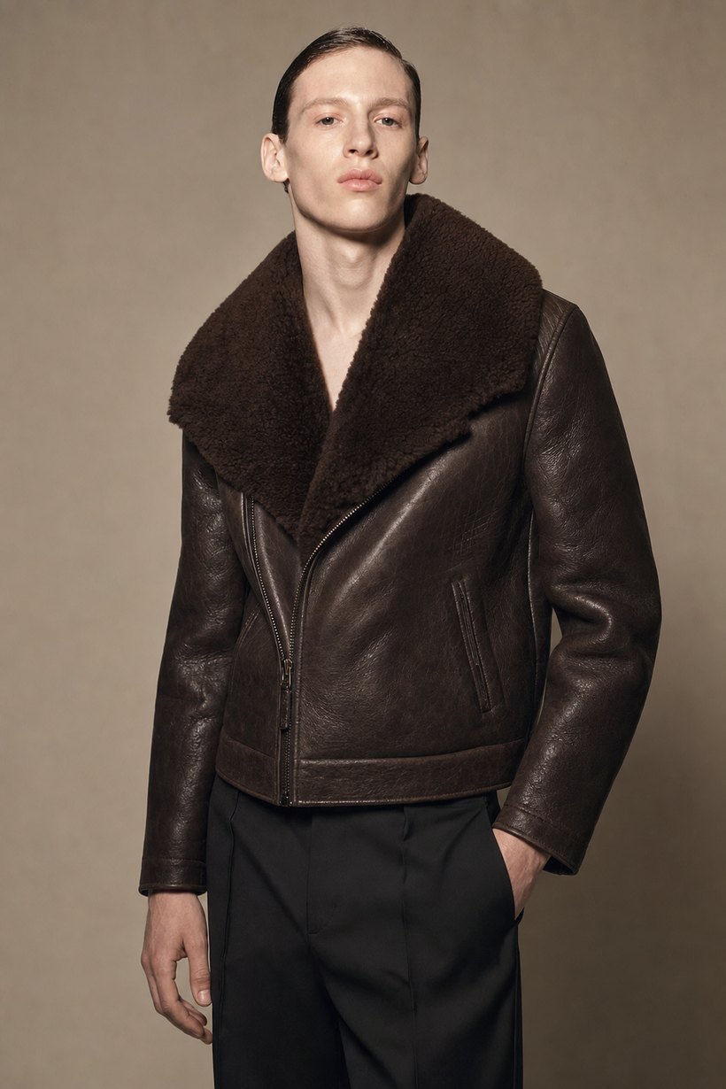 Shearling-Collar Dark Brown Statement Jacket — front styling