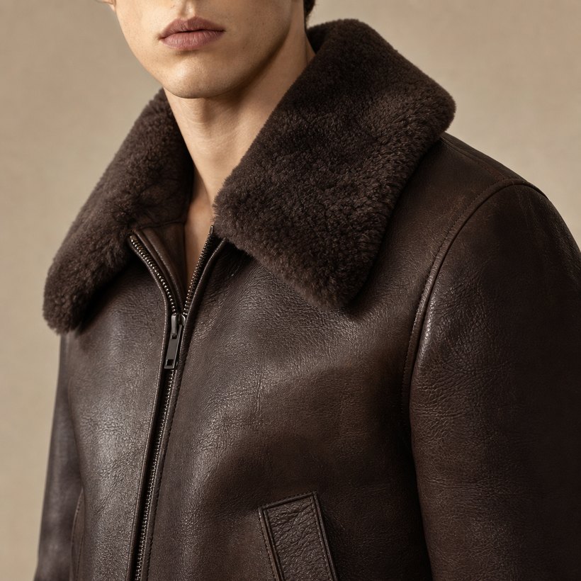 Shearling-Collar Dark Brown Statement Jacket — lapel and collar detail