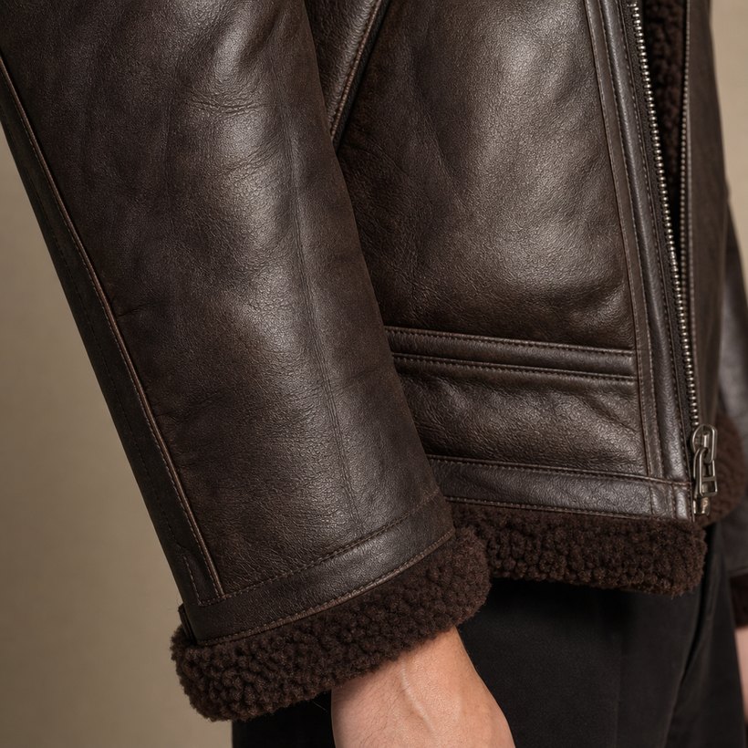 Shearling-Collar Dark Brown Statement Jacket — fabric close-up