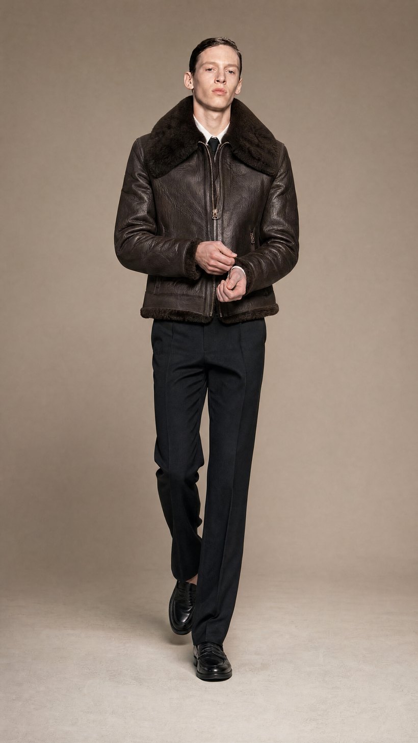Shearling-Collar Dark Brown Statement Jacket — construction detail