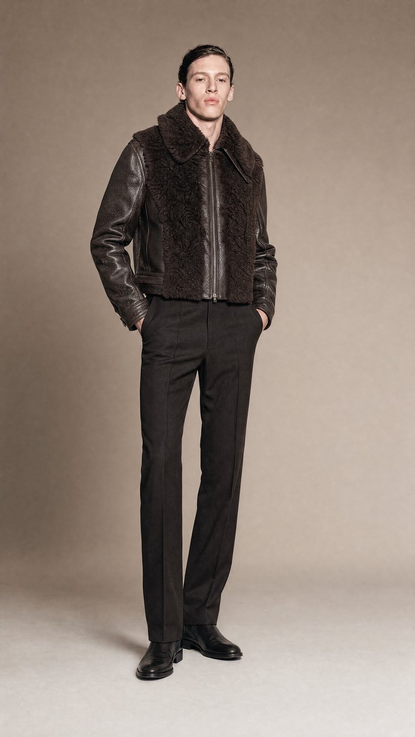 Shearling-Collar Dark Brown Statement Jacket — Leather with shearling collar