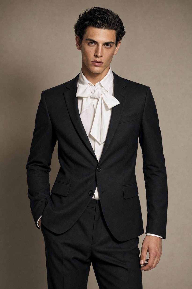 Skinny-Lapel Charcoal Wool Blazer — front styling
