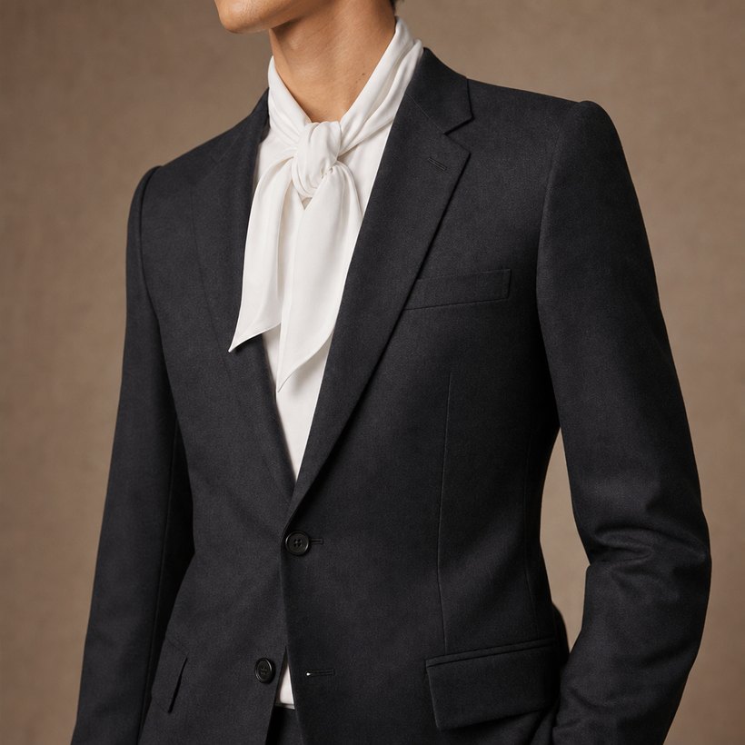 Skinny-Lapel Charcoal Wool Blazer — lapel and collar detail