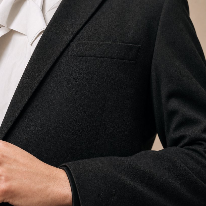 Skinny-Lapel Charcoal Wool Blazer — fabric close-up