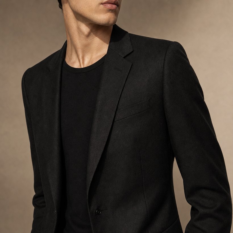 Slim Black Wool Blazer — lapel and collar detail