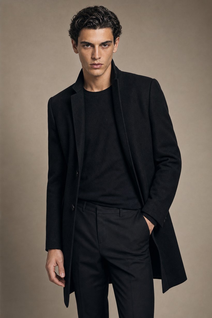 Slim Black Wool Overcoat — front styling