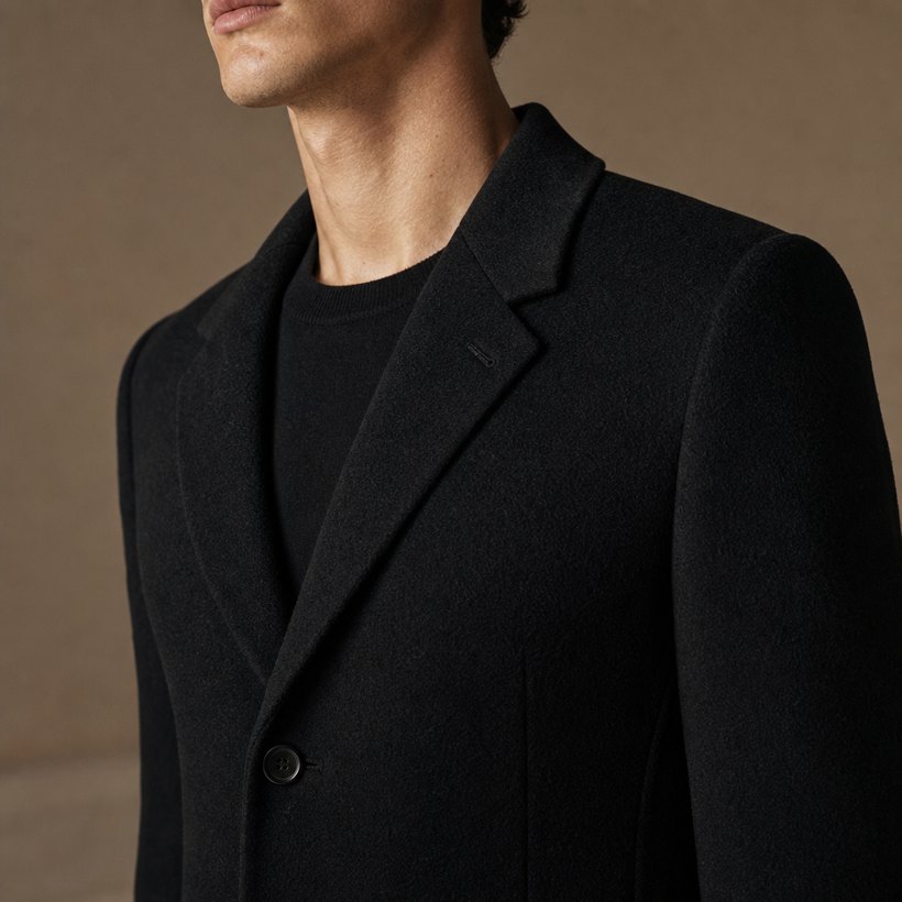 Slim Black Wool Overcoat — lapel and collar detail