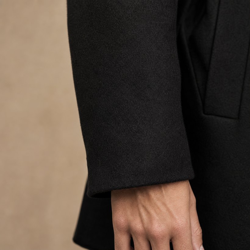 Slim Black Wool Overcoat — fabric close-up